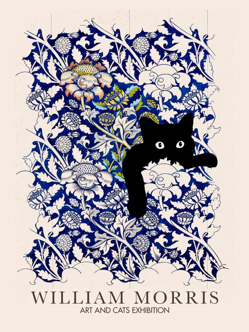 William Morris, Peekaboo Cat, Blue Flower Arts & Cats poster by Peaches Art Prints