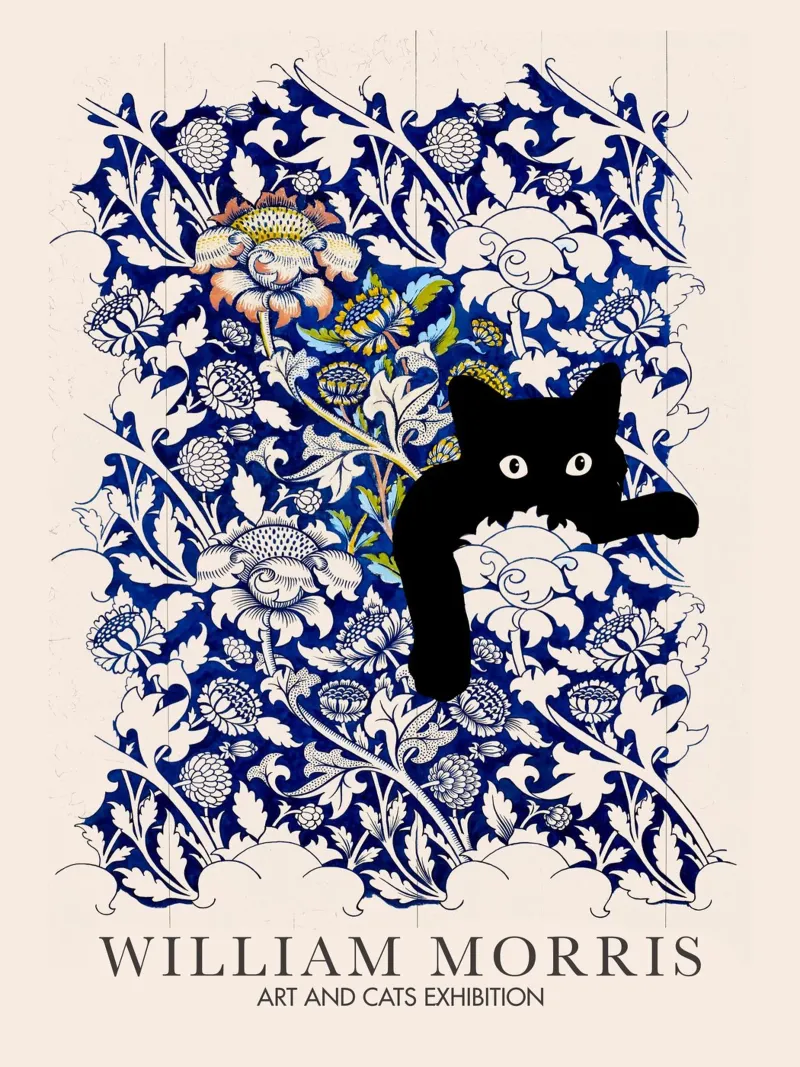 William Morris, Peekaboo Cat, Blaue Blume Kunst & Katzen Poster mit Kunststoffrahmen von Peaches Art Prints