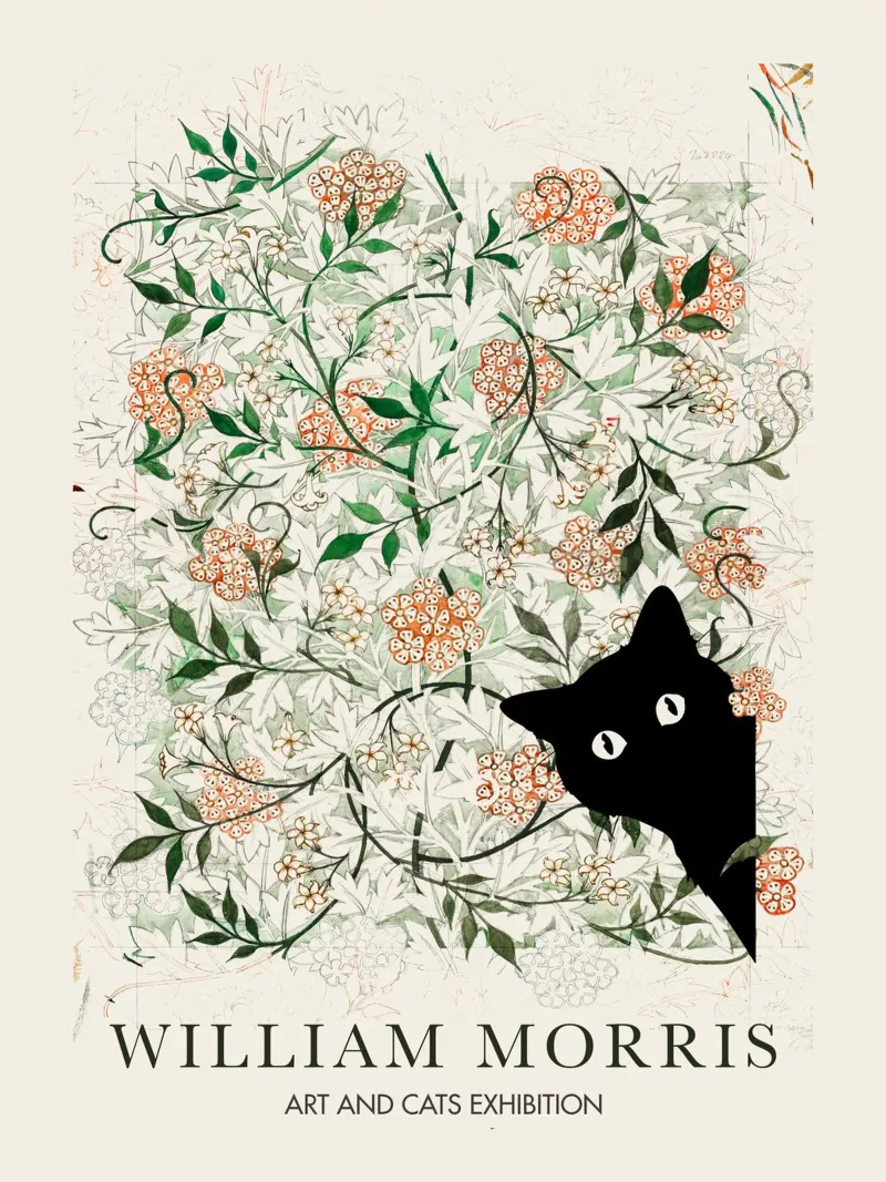 William Morris, Gatto Cucù, mostra Jasmine Arts & Cats poster con telaio in alluminio da Peaches Art Prints