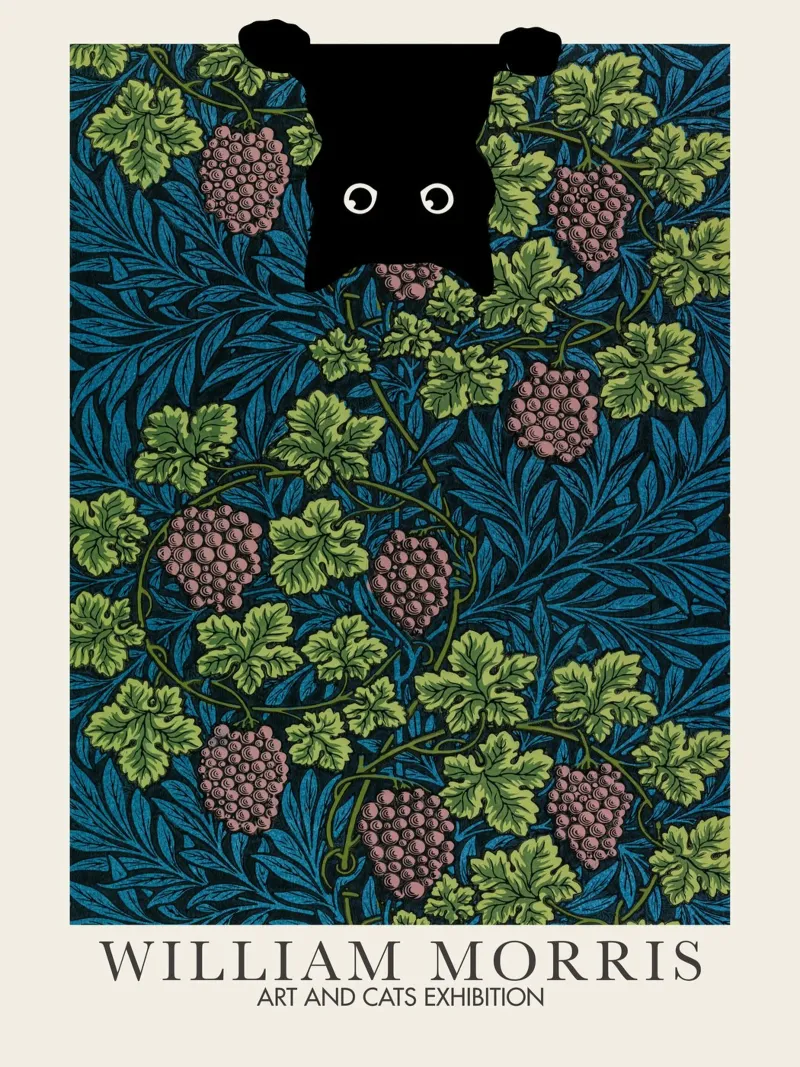 William Morris, Gatto a sbuffo, Vine Arts & Cats poster con telaio in plastica da Peaches Art Prints