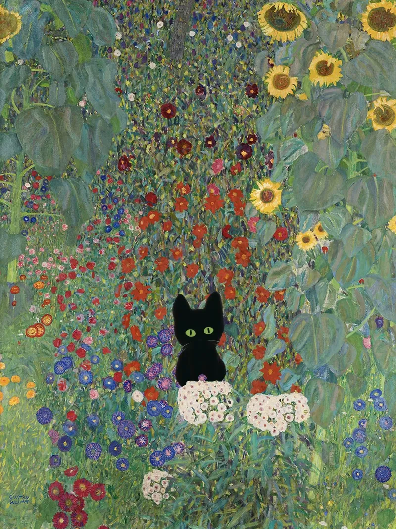 Zwarte kat, Gustav Klimt Boerderij met zonnebloemen poster met aluminium frame van Peaches Art Prints