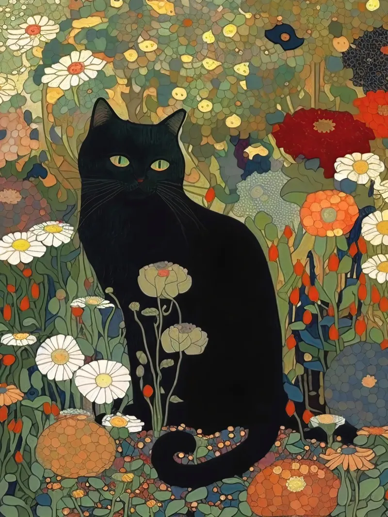 Gustav Klimt, black cat in a garden - Style canvas by Peaches Art Prints