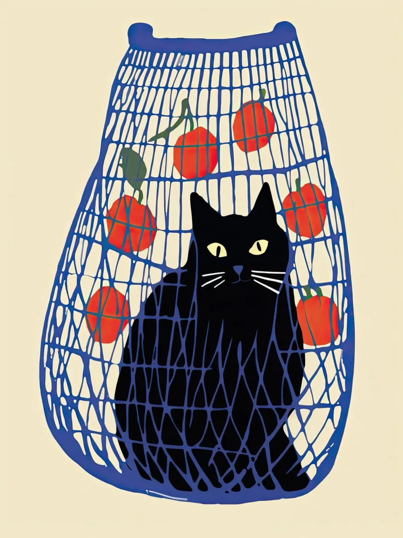 Gatto nero in un sacchetto blu con arance poster da Peaches Art Prints
