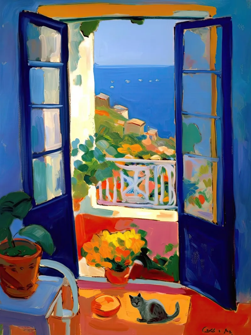 Henri Matisse Amalfi Coast Italy Cat By The Window alluminio dibond da Peaches Art Prints