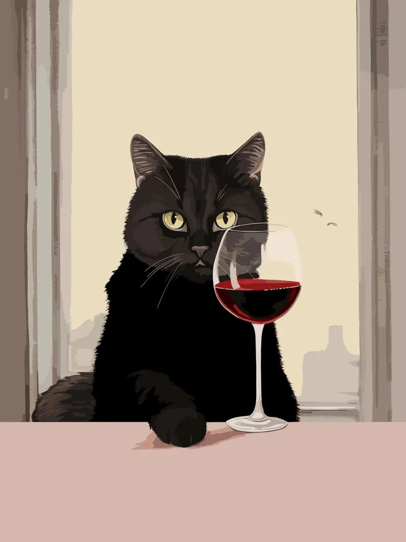 Gatto nero con bicchiere di vino illustrazione poster con telaio in legno da Peaches Art Prints