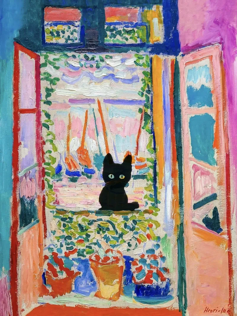 Matisse Open Window with a Black Cat Art Print canvas by Peaches Art Prints
