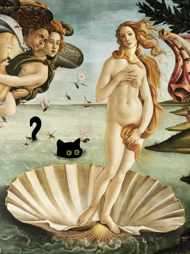 Botticelli La nascita di Venere con gatto nero alluminio dibond da Peaches Art Prints