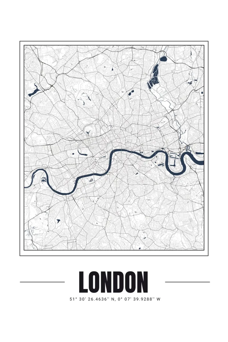 Minimalistische plattegrond van Londen - Eigentijds zwart-wit ontwerp poster met kunststof frame van Ben & Clo creations