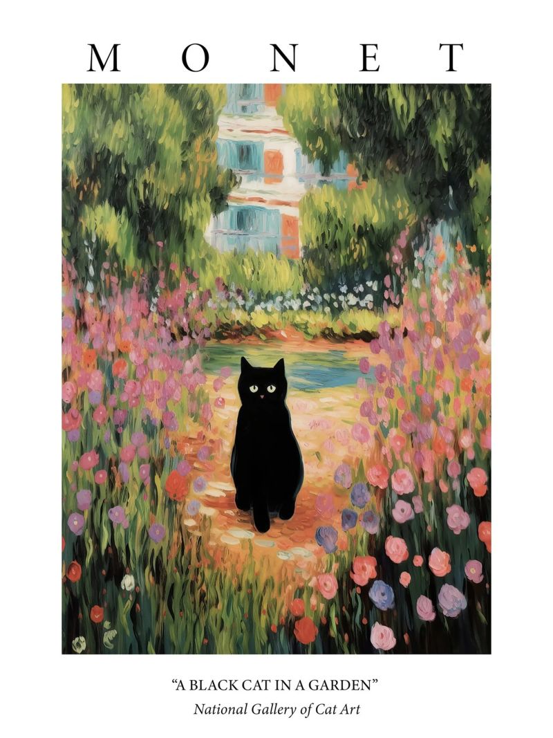 Monet Garten mit einer schwarzen Katze Gemälde Poster von Peaches Art Prints