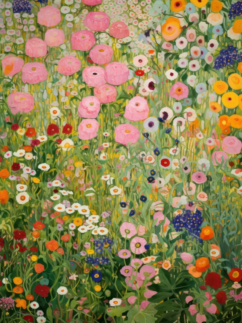 Gustav Klimt, Giardino di fiori rosa e verde poster con telaio in plastica da Peaches Art Prints