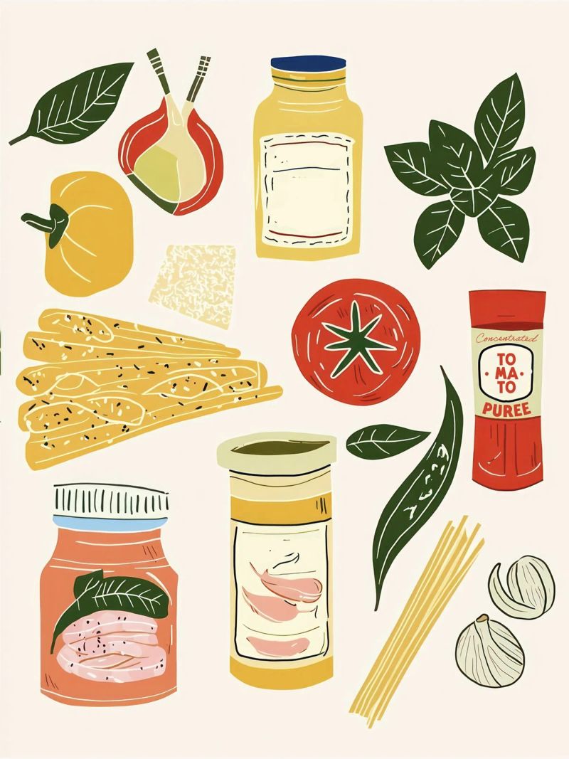 Ingrédients pour pâtes Illustration Cuisine italienne poster de Peaches Art Prints