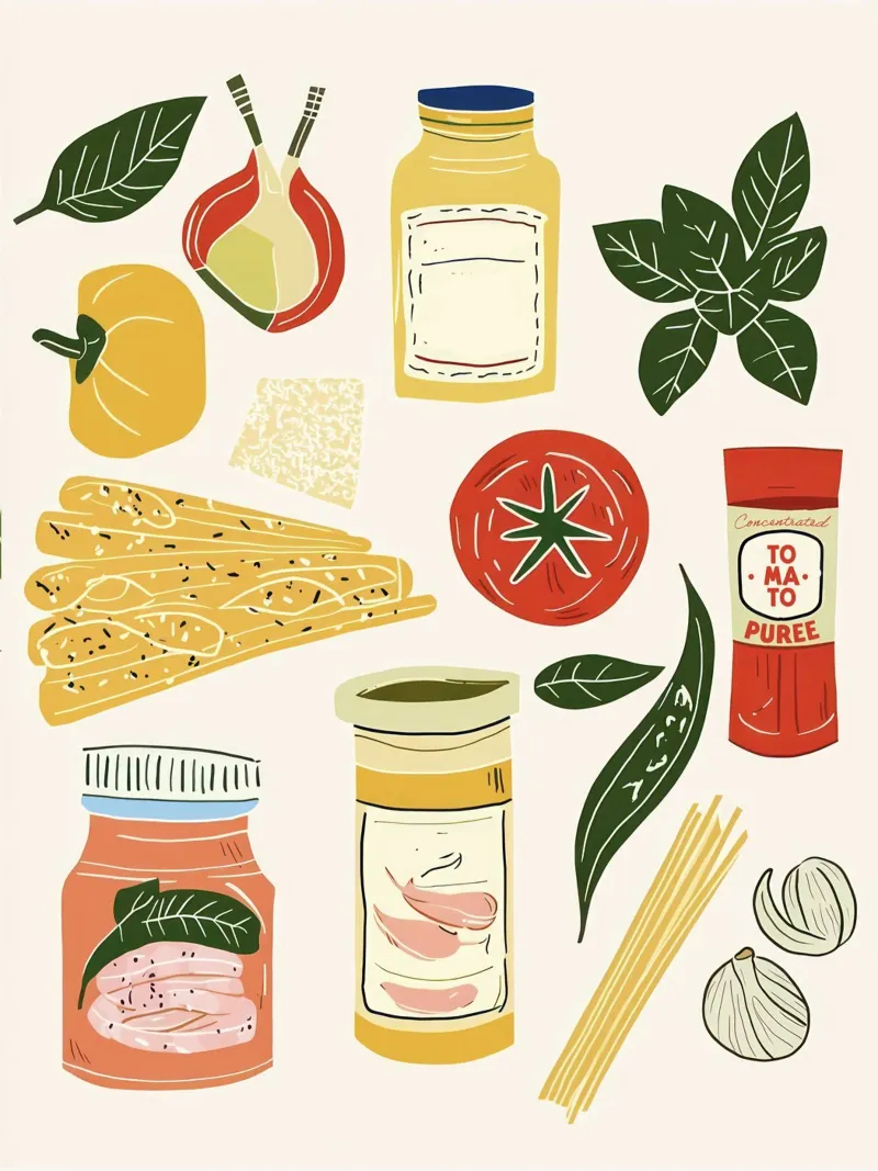 Ingredienti per la pasta Illustrazione della cucina italiana poster con telaio in legno da Peaches Art Prints