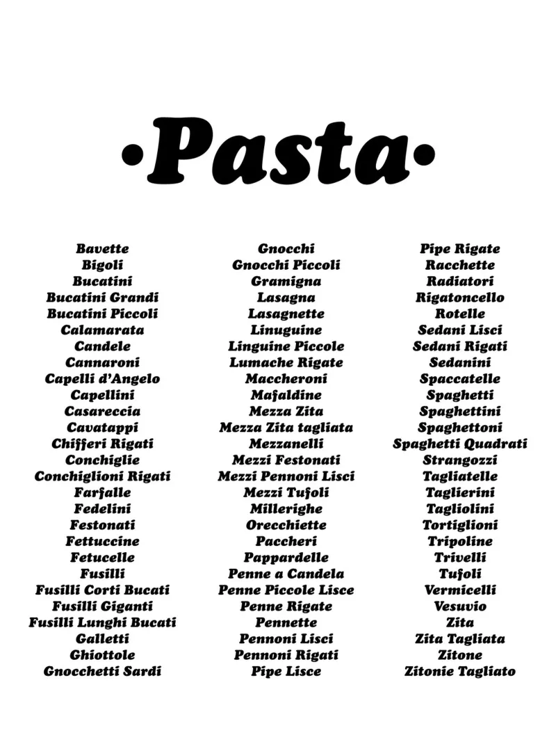 Types Of Pasta - Typography - Black Art Print canvas with Floater frame by Peaches Art Prints