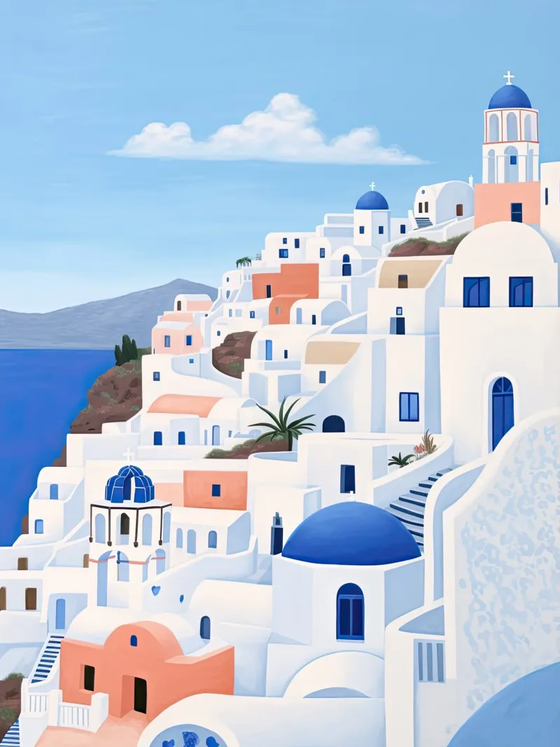 Santorini Grecia, acquerello illustrazione di viaggio pellicola backlit da Peaches Art Prints