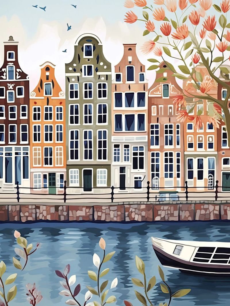Amsterdam Nederland, grachten aquarel illustratie poster van Peaches Art Prints