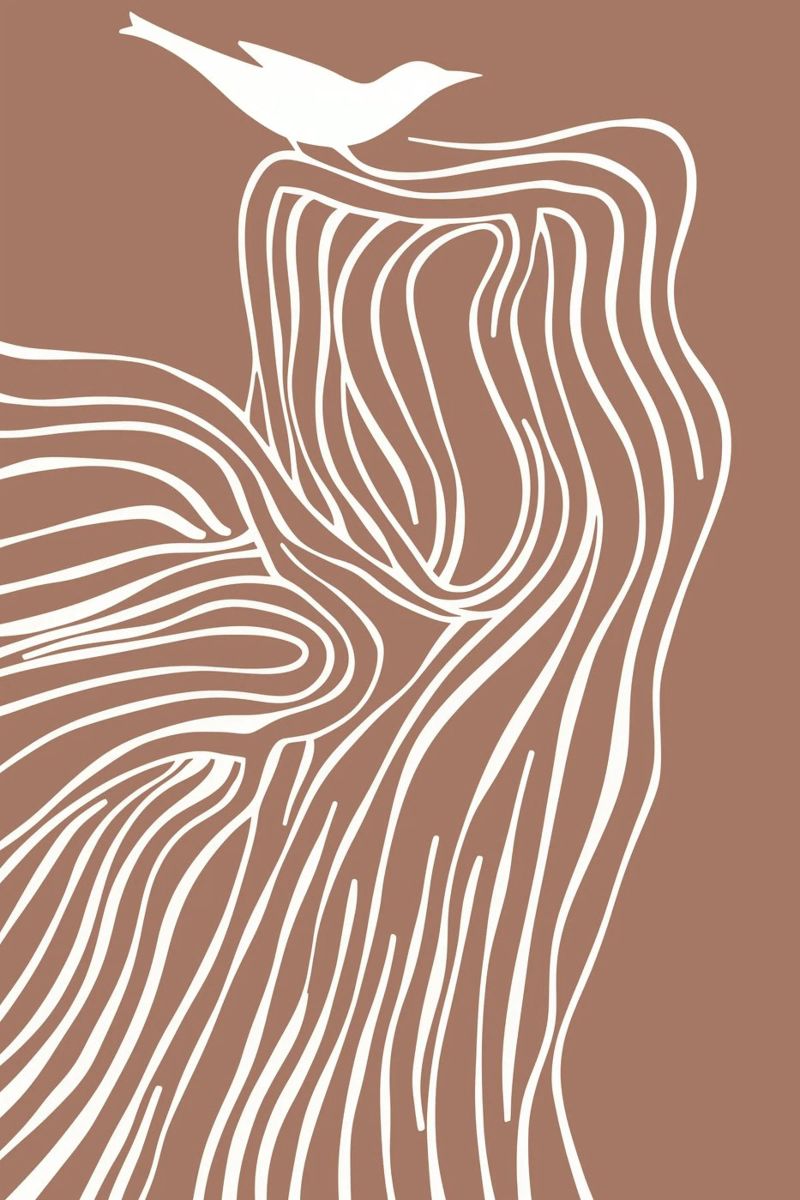Line art di alberi e uccelli nei colori moka mousse carta hahnemühle da Autofocus