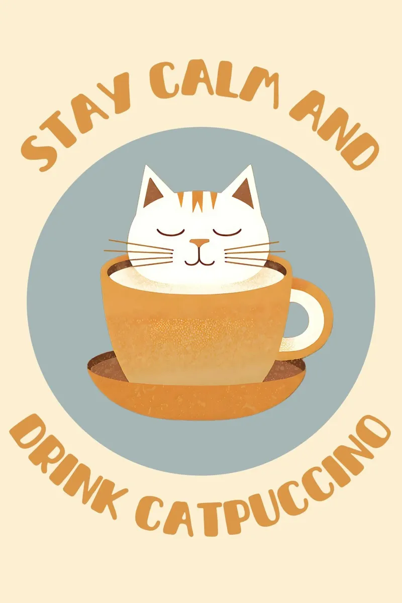Stay calm and drink catpuccino - cute & funny cappuccino cat poster with plastic frame by Punderful Day