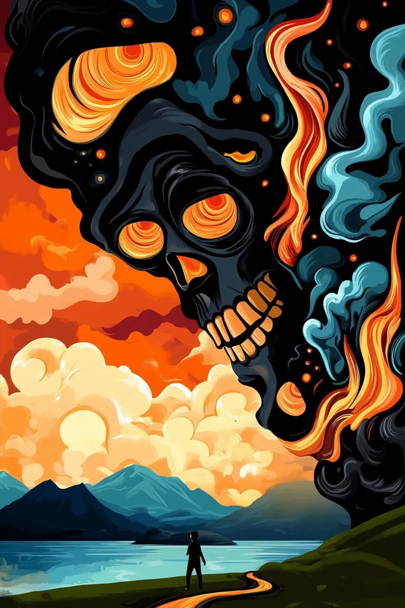 Il teschio in fiamme nel cielo dell'apocalisse carta hahnemühle da melipo-art