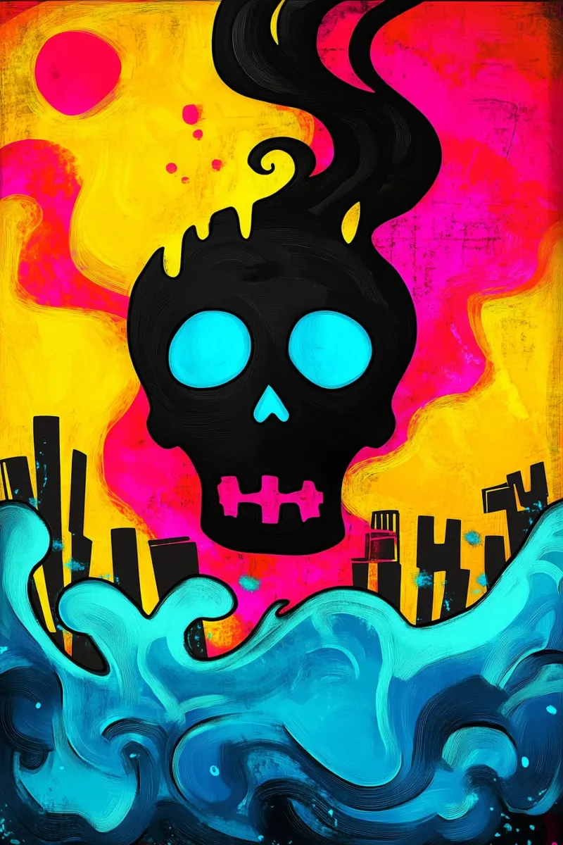 Teschi sopra la città in fiamme poster con telaio in plastica da melipo-art