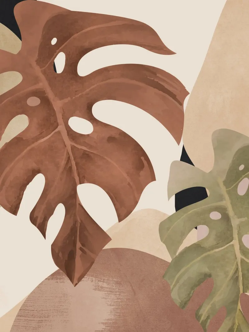 Abstracte kunst tropische bladeren 3 mokka mousse canvas met Baklijst van ThingDesign