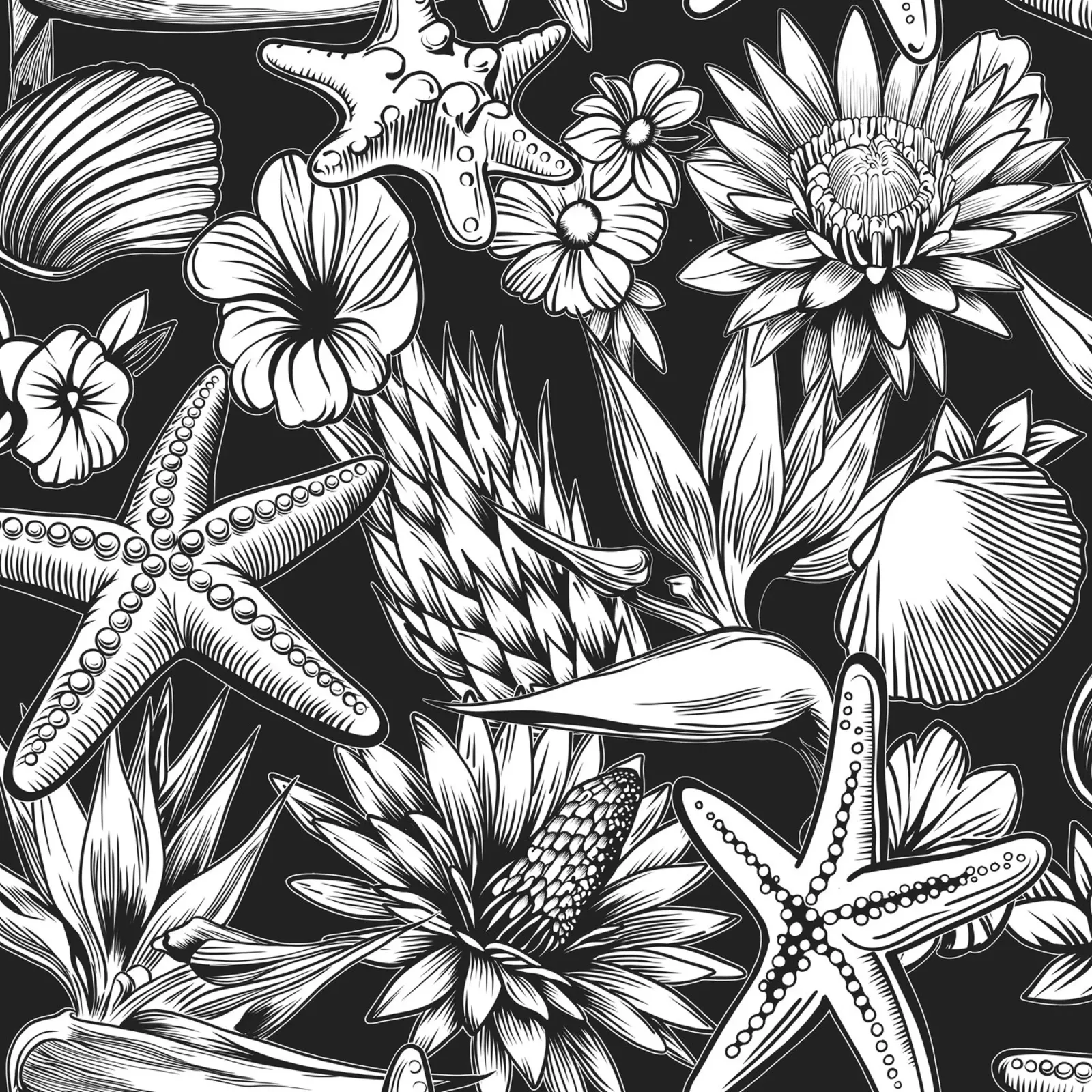 Tropical flowers and starfish in black and white. canvas met Baklijst van Irina Tsaran