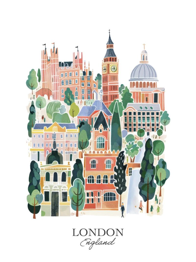 London, England, Watercolour, Gouache travel illustration poster by Peaches Art Prints