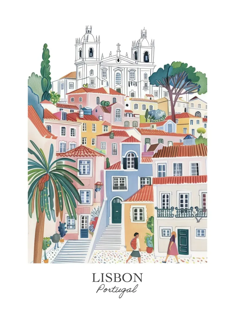 Lisbona Portogallo Illustrazione di viaggio a guazzo tela con Cornice a cassetta da Peaches Art Prints
