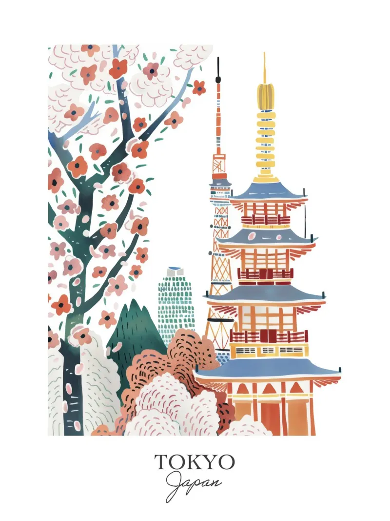 Tokyo Japan Landmarks Travel Art Illustration poster by Peaches Art Prints