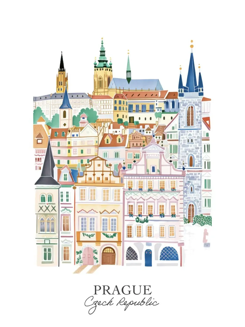 Praga, Repubblica Ceca, Punti di riferimento illustrati poster da Peaches Art Prints