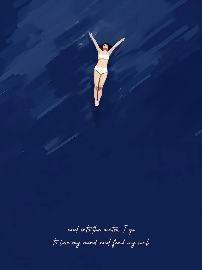 Into the Water I go, to lose my mind, Citazione di Typography Girl poster con telaio in legno da Peaches Art Prints