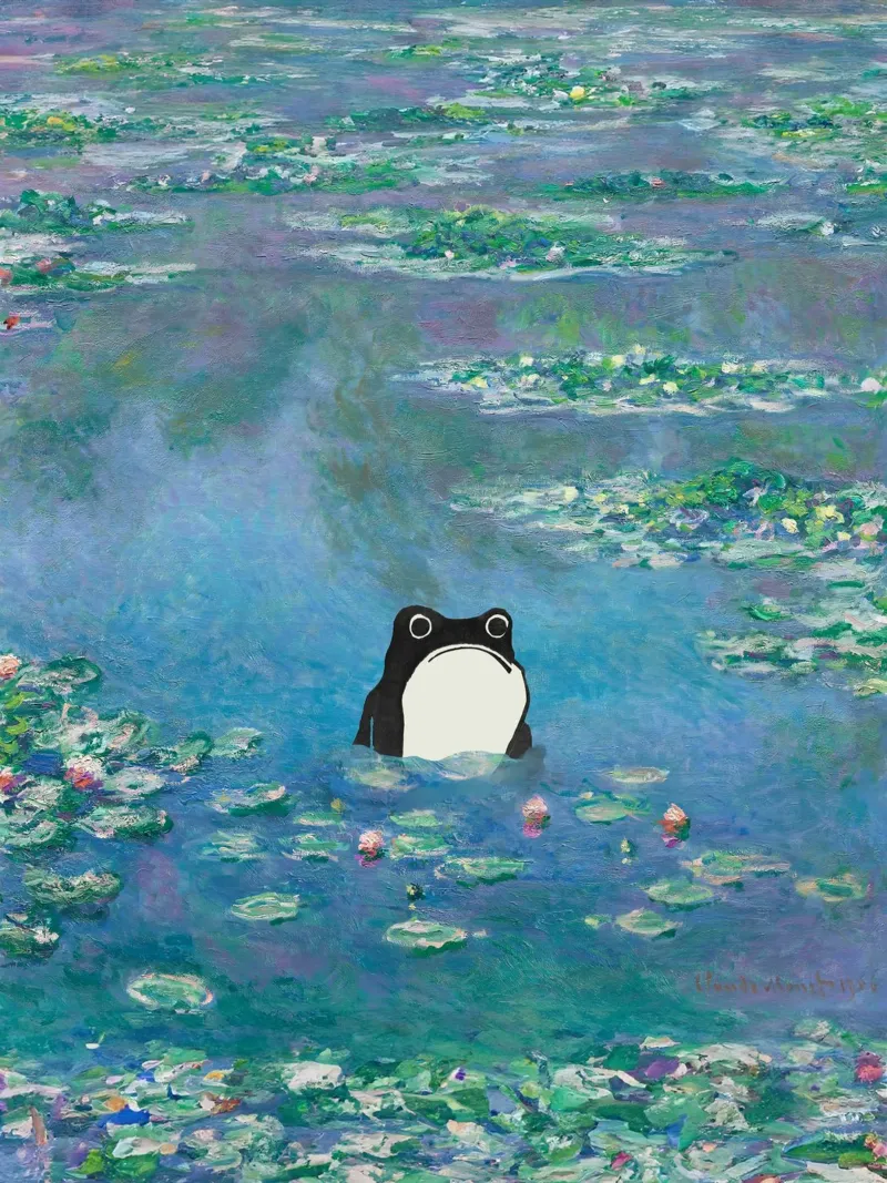 Rana non impressionata in un quadro di ninfee di Monet plexiglass da Peaches Art Prints