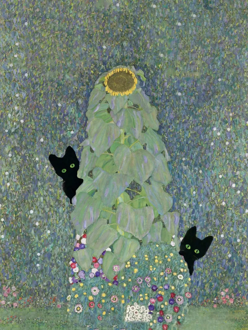 Gustav Klimt, Girasoli con gatti neri - botanica poster con telaio in alluminio da Peaches Art Prints