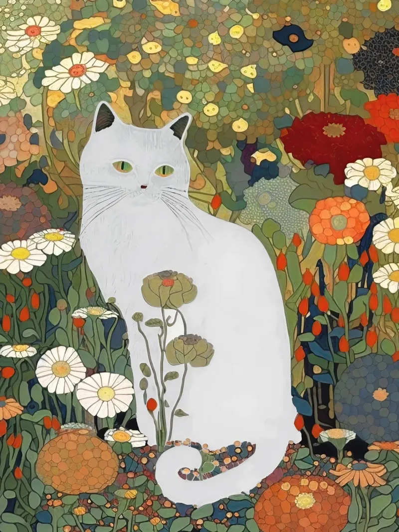 Gustav Klimt Gatto bianco in giardino poster con telaio in plastica da Peaches Art Prints