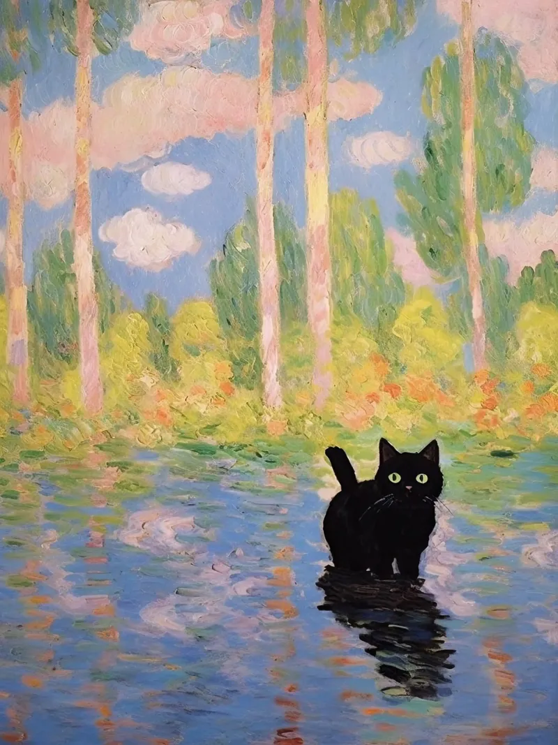Zwarte kat, op Monet geïnspireerd landschap canvas met Baklijst van Peaches Art Prints