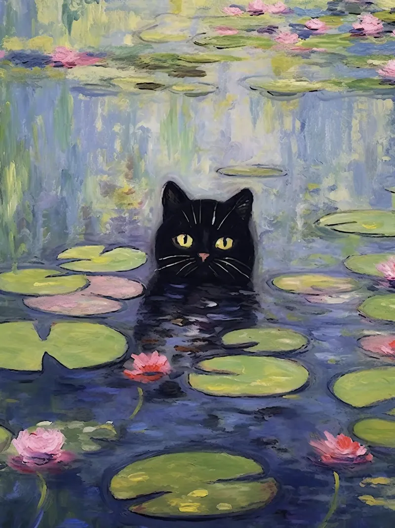 Monet Ninfee Acqua con gatto nero carta hahnemühle da Peaches Art Prints