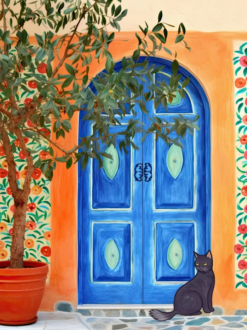 Gatto nero in una porta greca blu poster con telaio in plastica da Peaches Art Prints