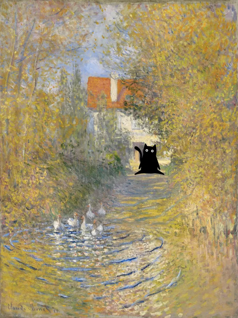 Claude Monet Die Gänse, Schwarze Katzen in berühmten Gärten Poster mit Holzrahmen von Peaches Art Prints