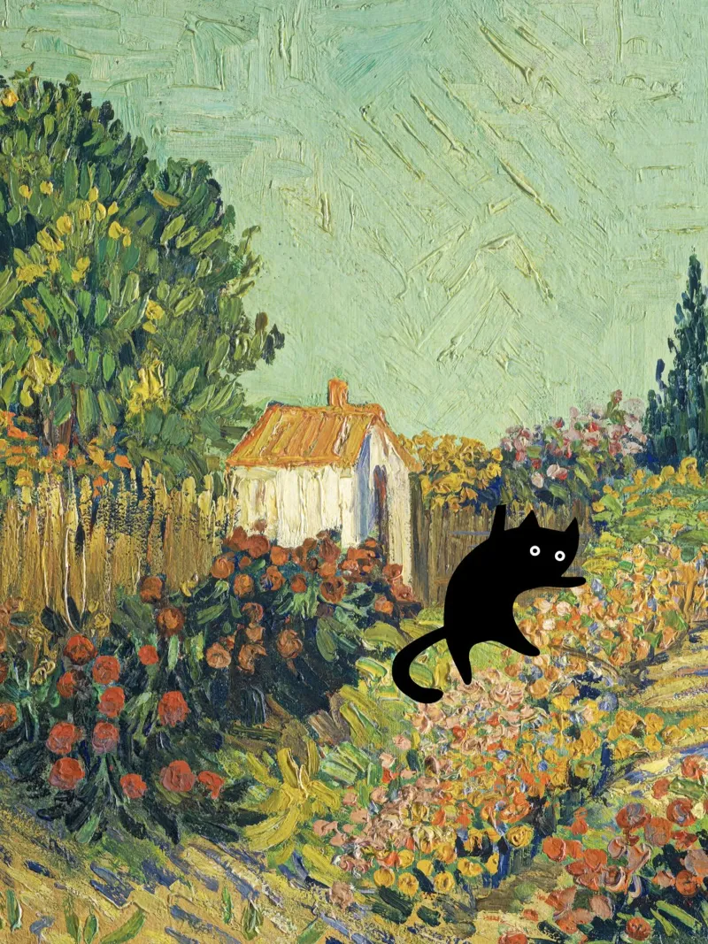 Vincent Van Gogh Landschap, Katten in beroemde tuinen canvas met Baklijst van Peaches Art Prints