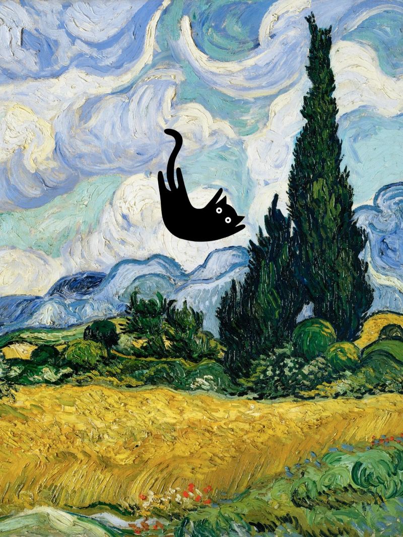 Van Gogh Wheat Field with Cypresses, Black Cat poster by Peaches Art Prints
