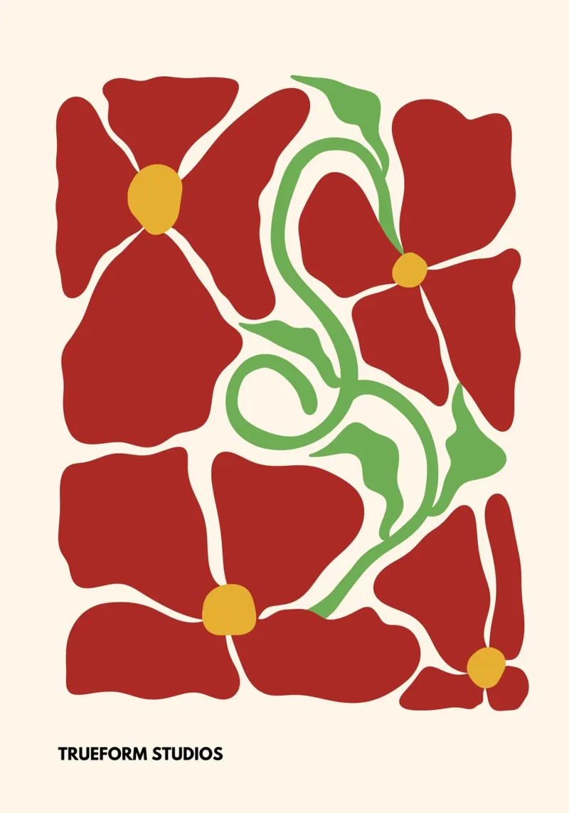 Red Blossom Dreams: Abstract Floral Design carta hahnemühle da PrintCessStudio