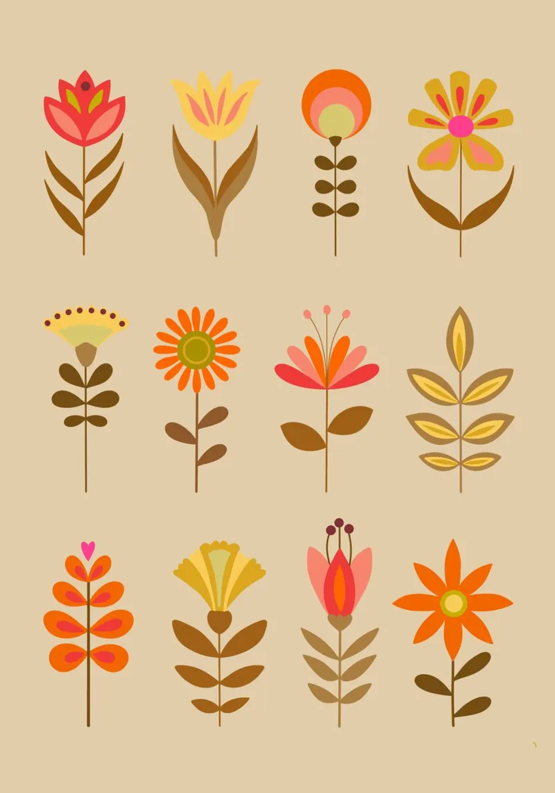 Flores retro, flores retro, primavera, verano, otoño poster con marco de aluminio de keinkonzept