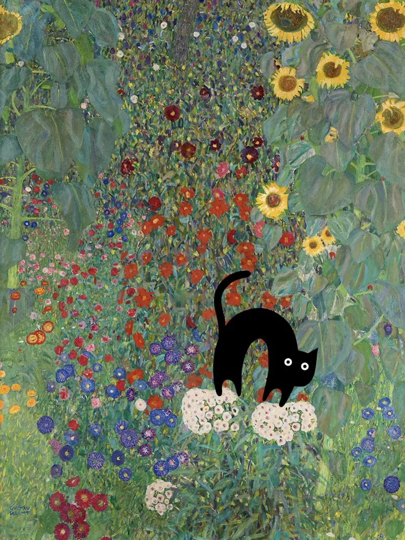 Gustav Klimt boerderijtuin met zonnebloemen en zwarte kat canvas met Baklijst van Peaches Art Prints