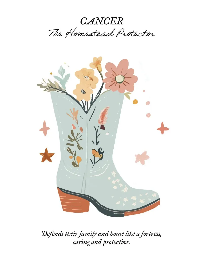 Cáncer Signo Zodiacal, Botas Vaqueras lienzo con Marco flotante de Peaches Art Prints