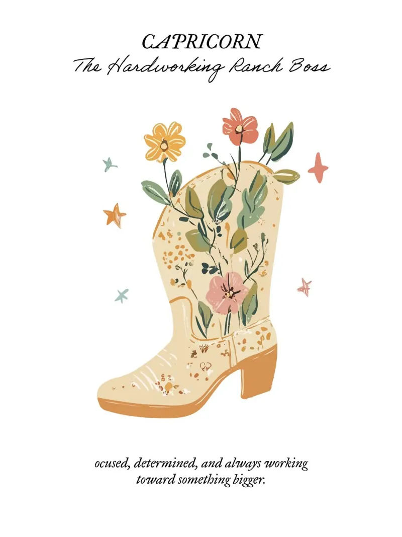 Capricornio, Signo Zodiacal, Botas Vaqueras poster con marco de madera de Peaches Art Prints