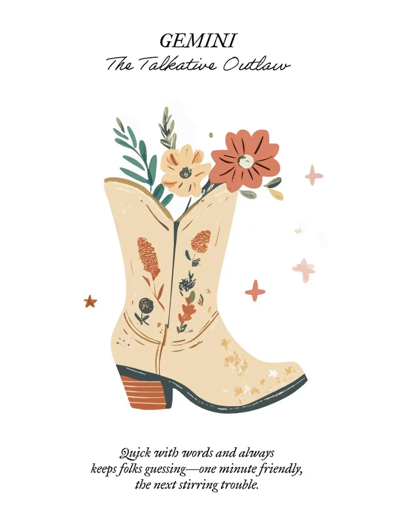 Géminis, Signo Zodiacal, Botas Vaqueras poster con marco de madera de Peaches Art Prints