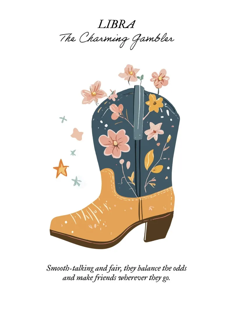 Libra, signo zodiacal, botas vaqueras lienzo con Marco flotante de Peaches Art Prints