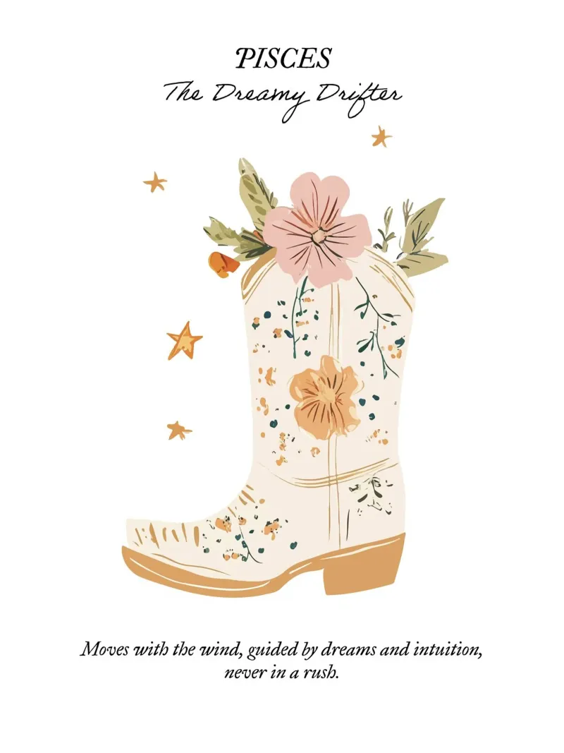 Piscis, signo zodiacal, botas vaqueras poster con marco de aluminio de Peaches Art Prints