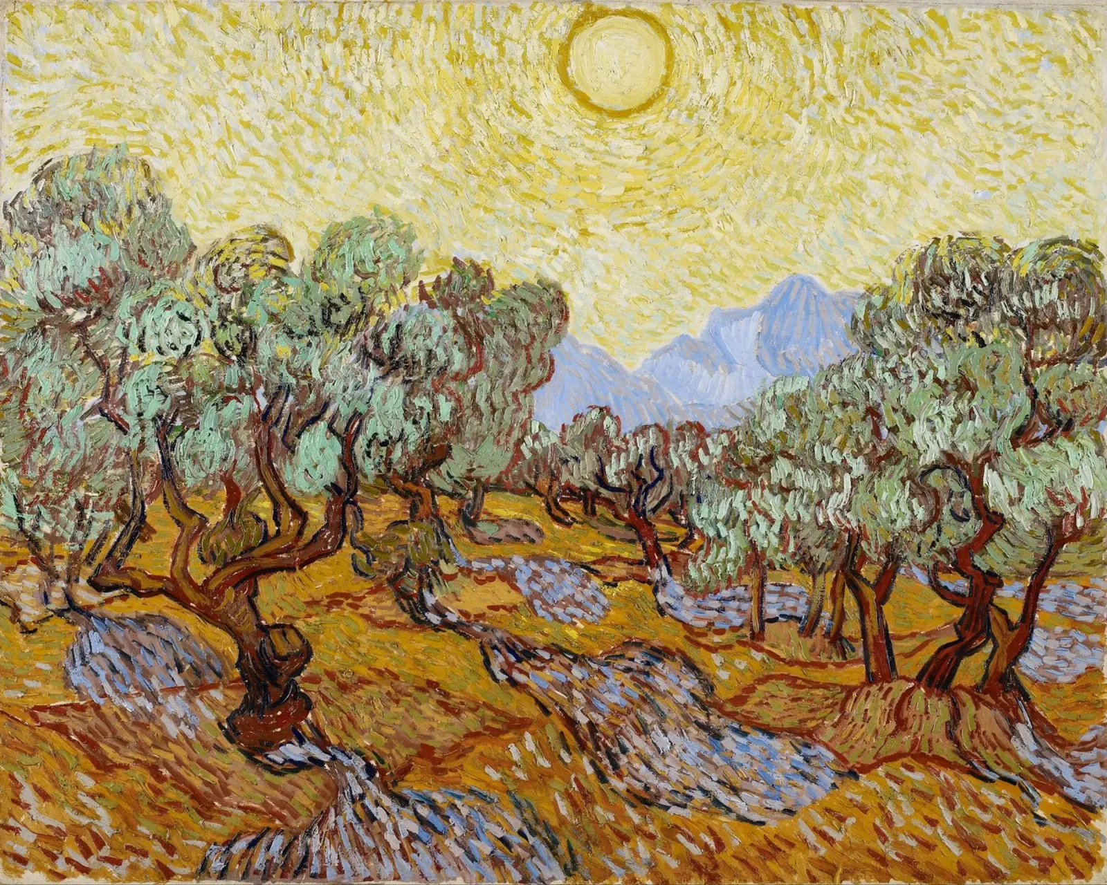 Vincent Van Gogh - Alberi di ulivo con cielo e sole giallo poster con telaio in plastica da Timeless Artworks