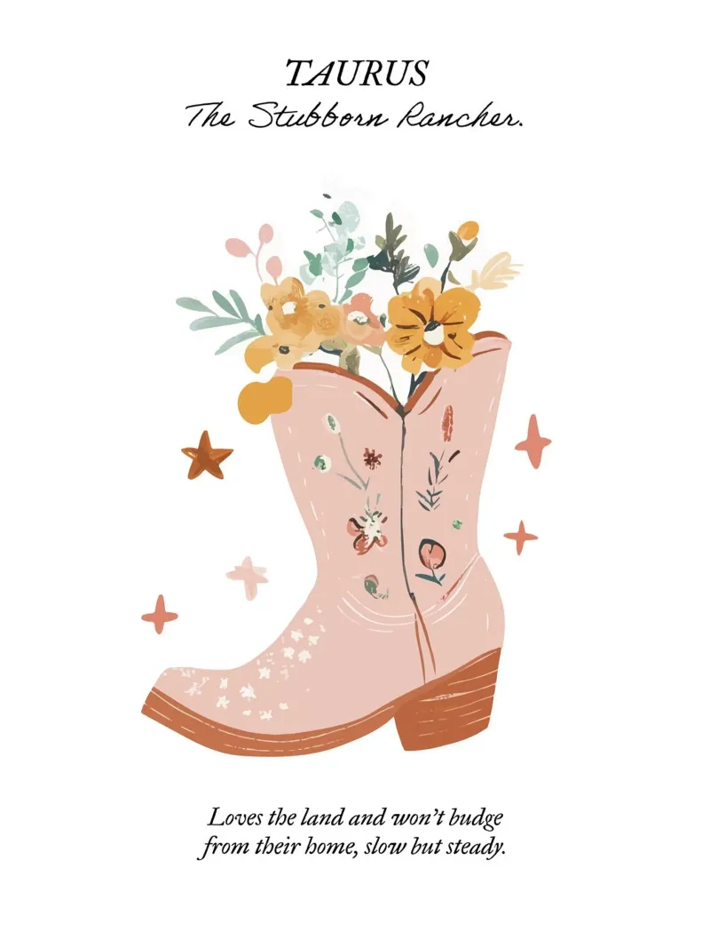 Tauro, signo zodiacal, botas vaqueras poster con marco de plástico de Peaches Art Prints
