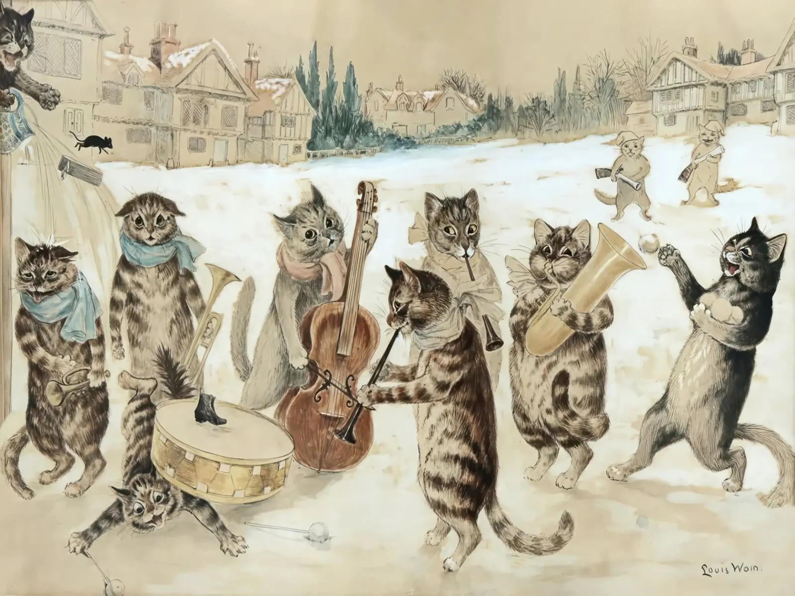 Louis Wain Gatti che cantano un canto all'acquerello poster con telaio in legno da Peaches Art Prints